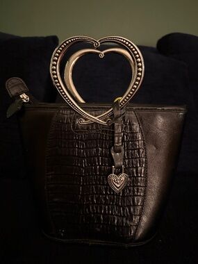BRIGHTON Corazon Black Pebble Grain/CrocEmbossed Bag W/Silver Heart Handles